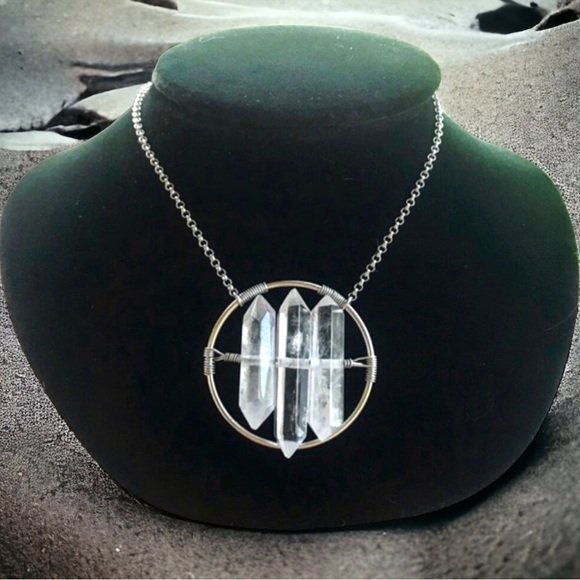 Crystal quartz necklace . 3 genuine crystal quartz double point boho gem silver - Picture 3 of 10